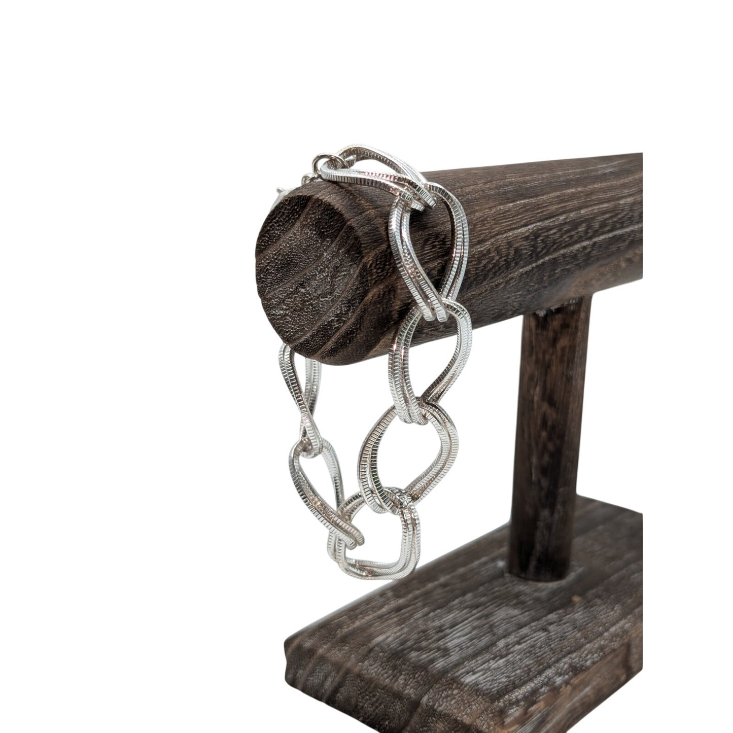 Silver Tone Textured Double Curb Oval Chain Link Bracelet