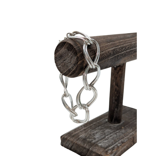 Silver Tone Textured Double Curb Oval Chain Link Bracelet