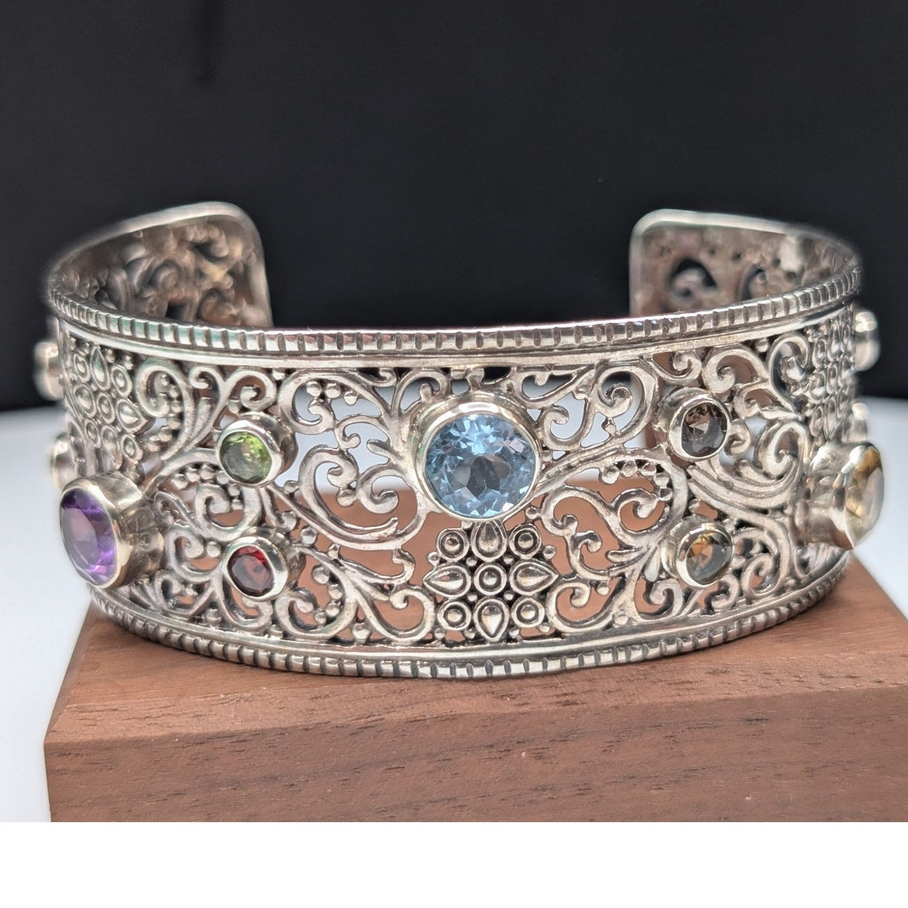 Samuel Benham 925 Sterling Bezel Set Multi-Gemstone Scroll Cuff Bracelet 40.69g