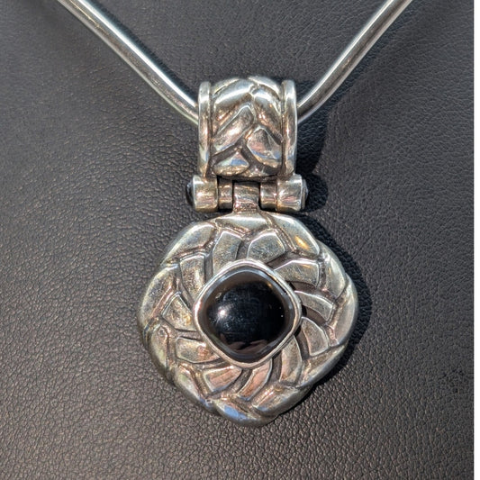 VTG 925 Sterling Silver Articulated Black Stone Embossed Cabochon Pendant (Only)