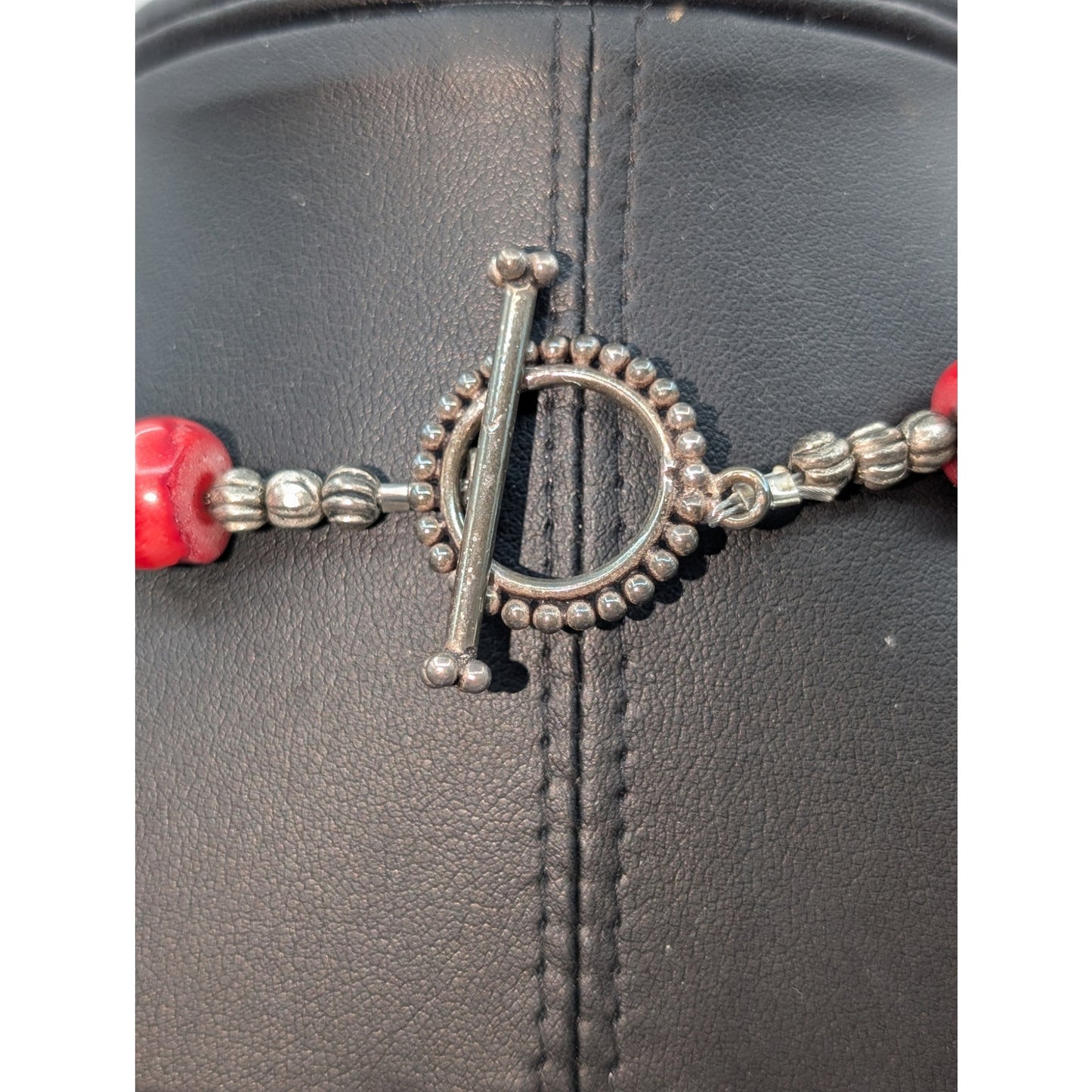 Heavy Coral Black Glass & Silver Beaded 925 Sterling Toggle Clasp 27.5" Necklace