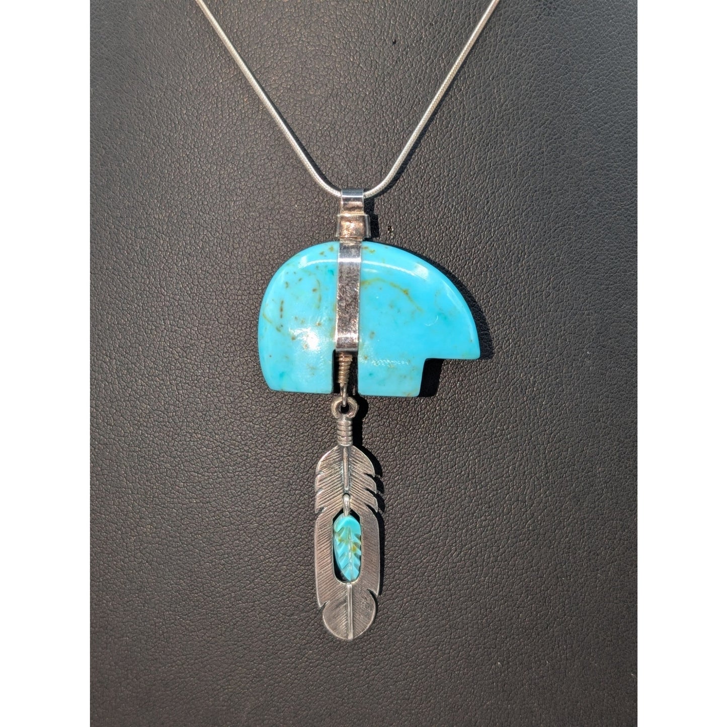 SJC Sundancer 925 Sterling Turquoise Bear Fetish Dangling Feather 16" Necklace