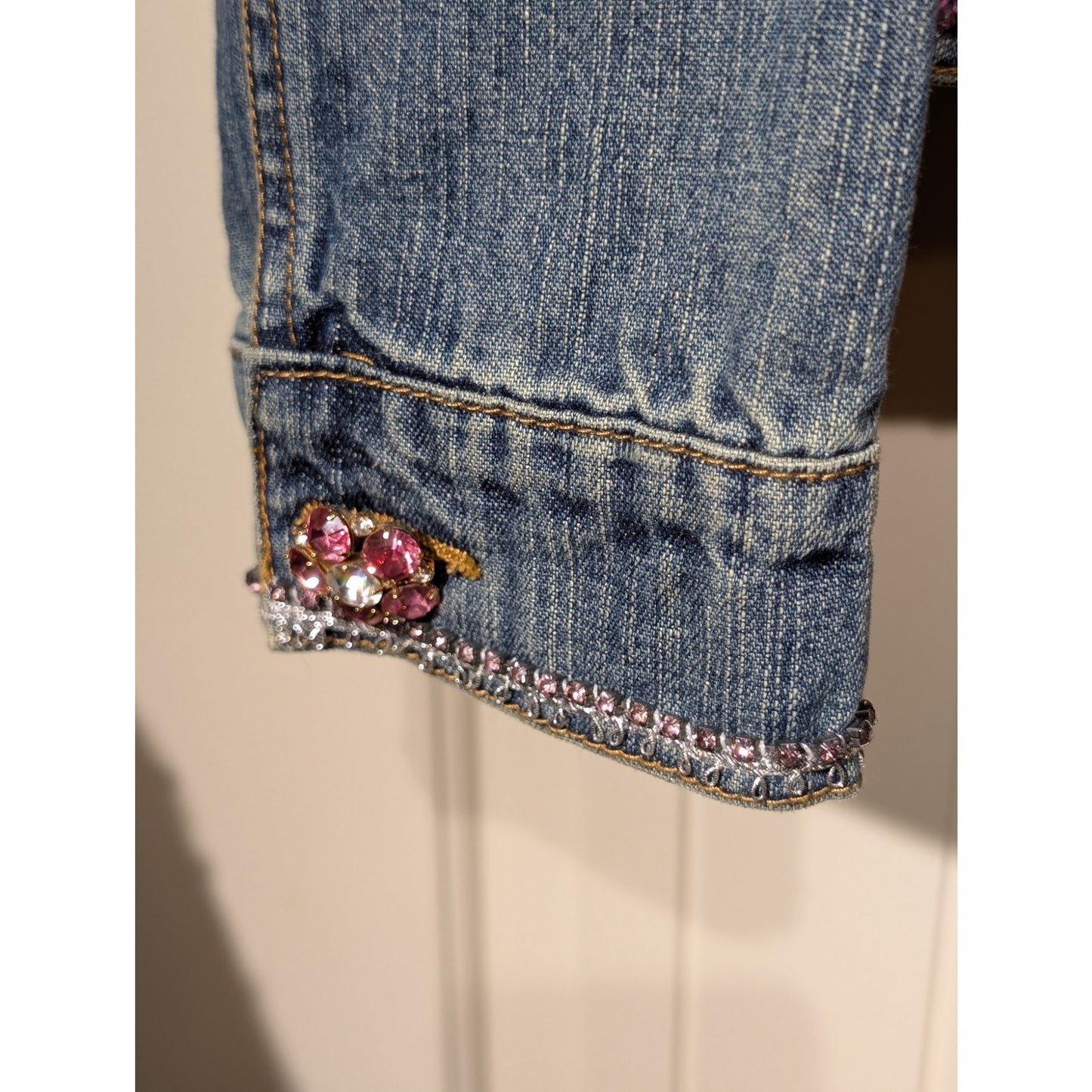 Berek by Takako Sakon Embellished Pink Sequin Bead Rhinestone Denim Jacket Sz XL