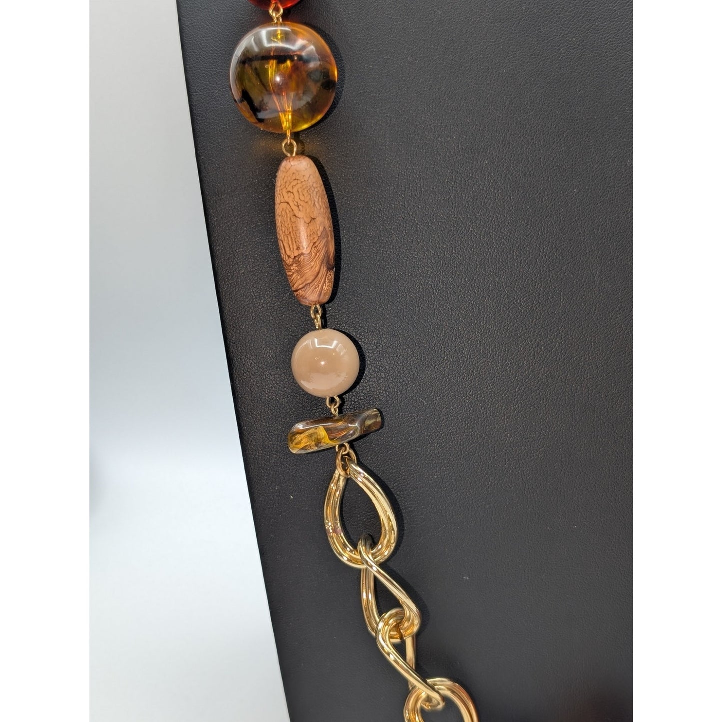 Chunky Gold Tone Chain Link Amber Acrylic Bead 34" Necklace