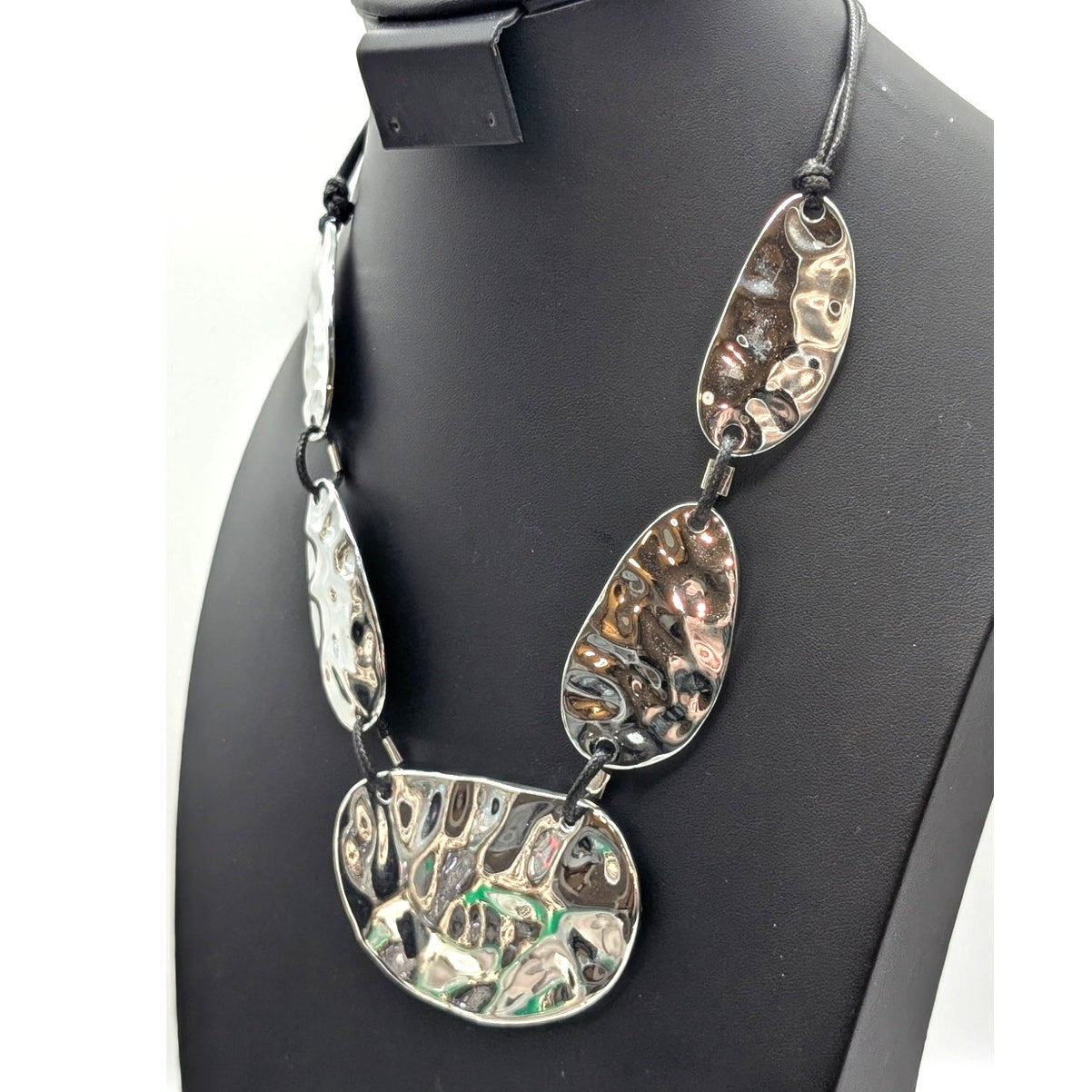 Silver Tone Chunky Hammered Disk Corded 21.5" Necklace