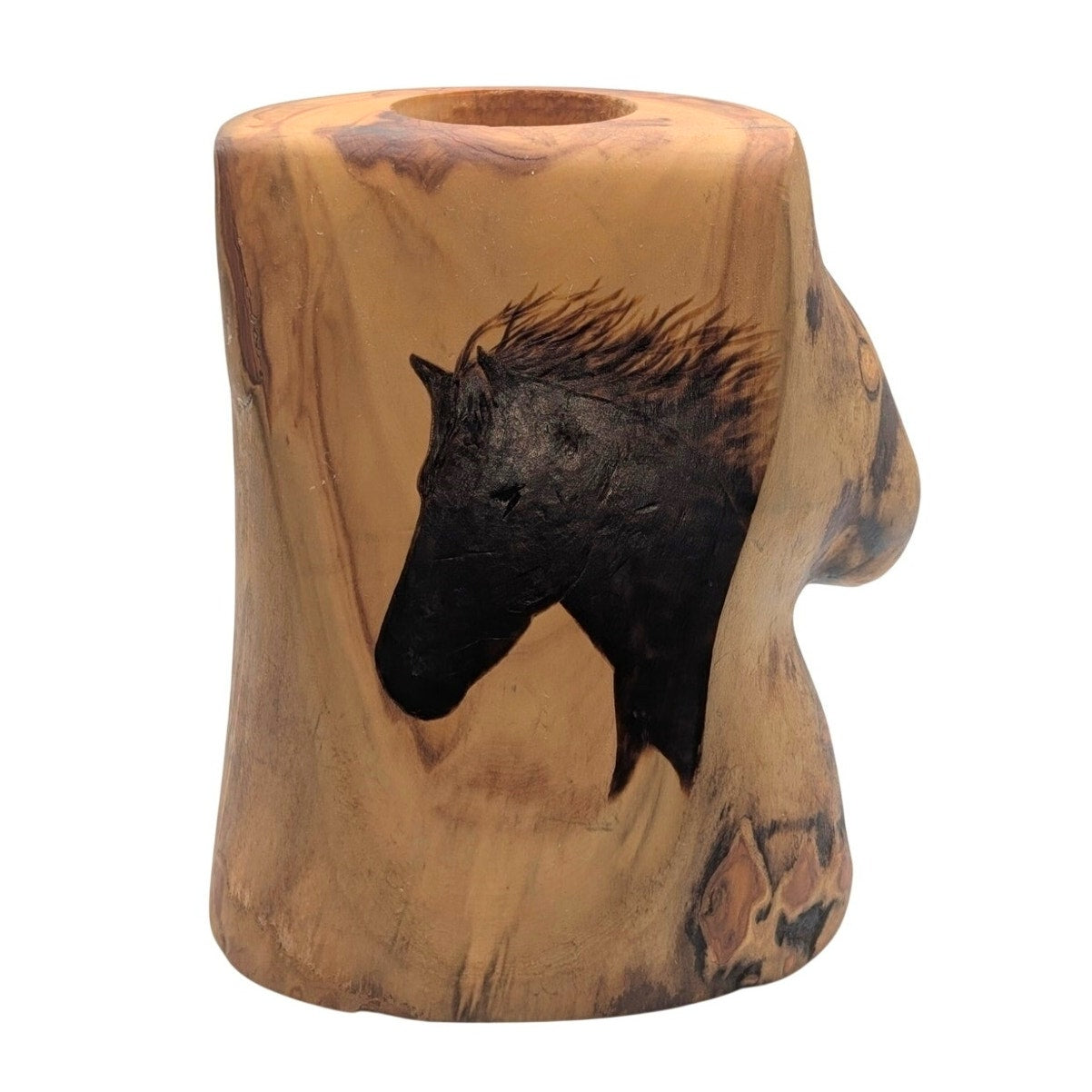 Artisan Created Wood Burned Horse Head Log Pillar Candle Holder