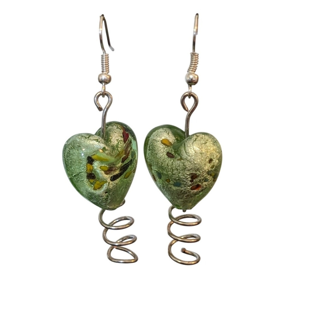 Green Foil Glass Gold Flecked Heart Bead Dangle Earrings