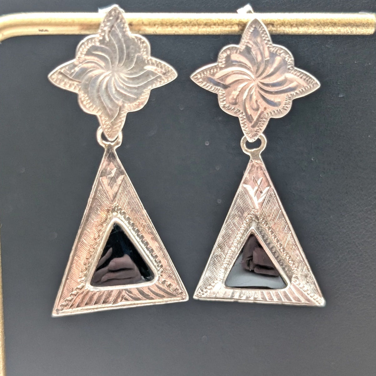 Vintage 925 LEX Sterling Silver Black Onyx Dangle Post Earrings