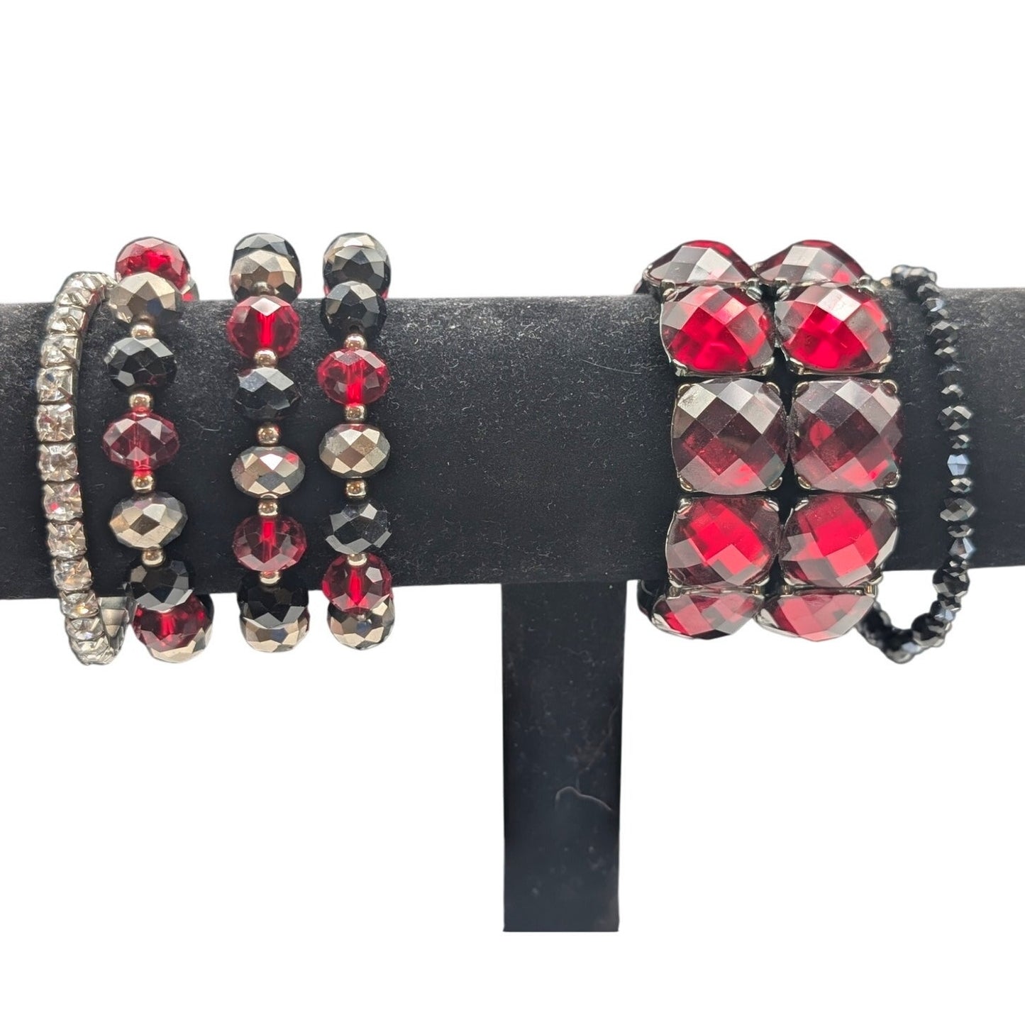 Lot of Six Red Black Metallic Rhinestone Beaded Stretch Bracelets