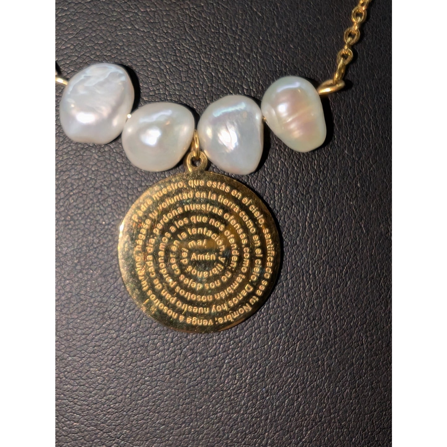 Gold Stainless Steel Pearl Double Strand Spanish 'Our Father' 17.5" Necklace