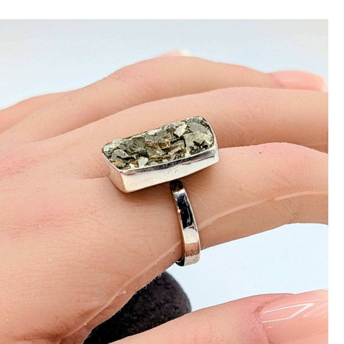 Vintage Chunky Raw Pyrite Druzy 925 Sterling Silver Boho Statement Ring Size 8