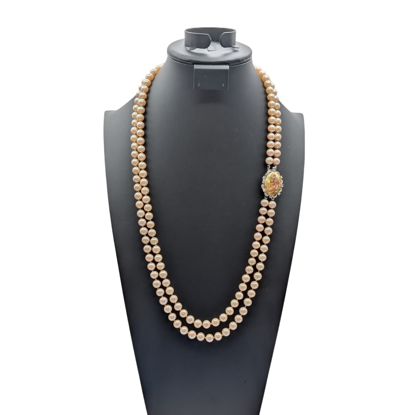 Vtg Off White Double Strand Courting Rhinestone Clasp Faux Pearl Necklace