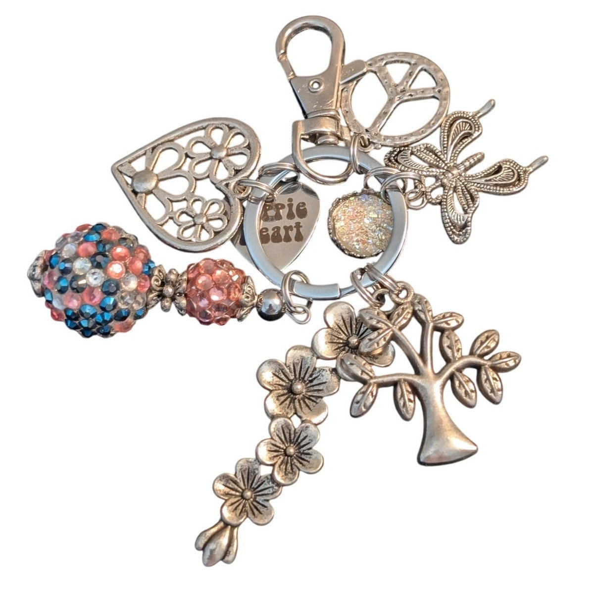 Hippie Heart Multi-Charm Silver Tone Keychain