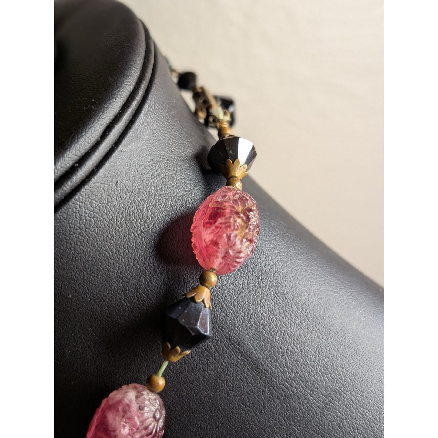 Antique Carved Strawberry Quartz Black Bi-Cone Brass Bead & Hook Clasp Necklace