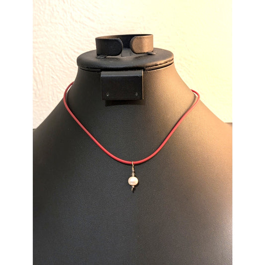Red Rubber Cord W/ 925 Sterling Silver Clasp & Pearl Pendant 16" Necklace