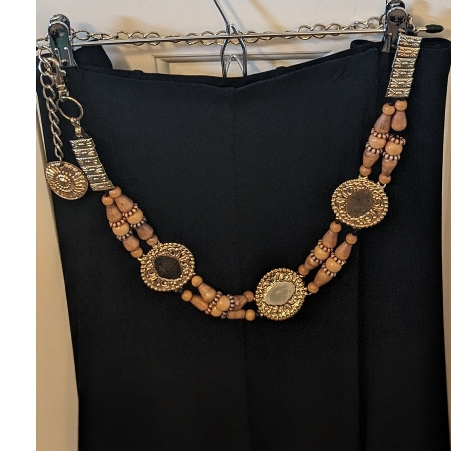 Vintage Wood Bead Metal Disk Chain Belt 27-42"
