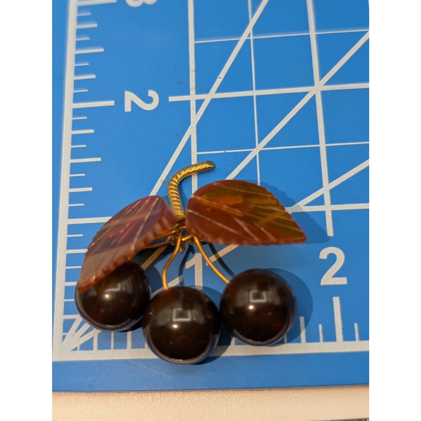 Vintage USSR 1980s Baltic Amber Cherry Gold Plated Brass Frame Brooch