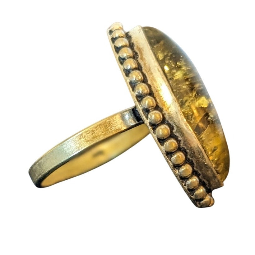 Vintage Baltic Green Amber 925 Sterling Silver Marquis Cut Ring Size 7.75