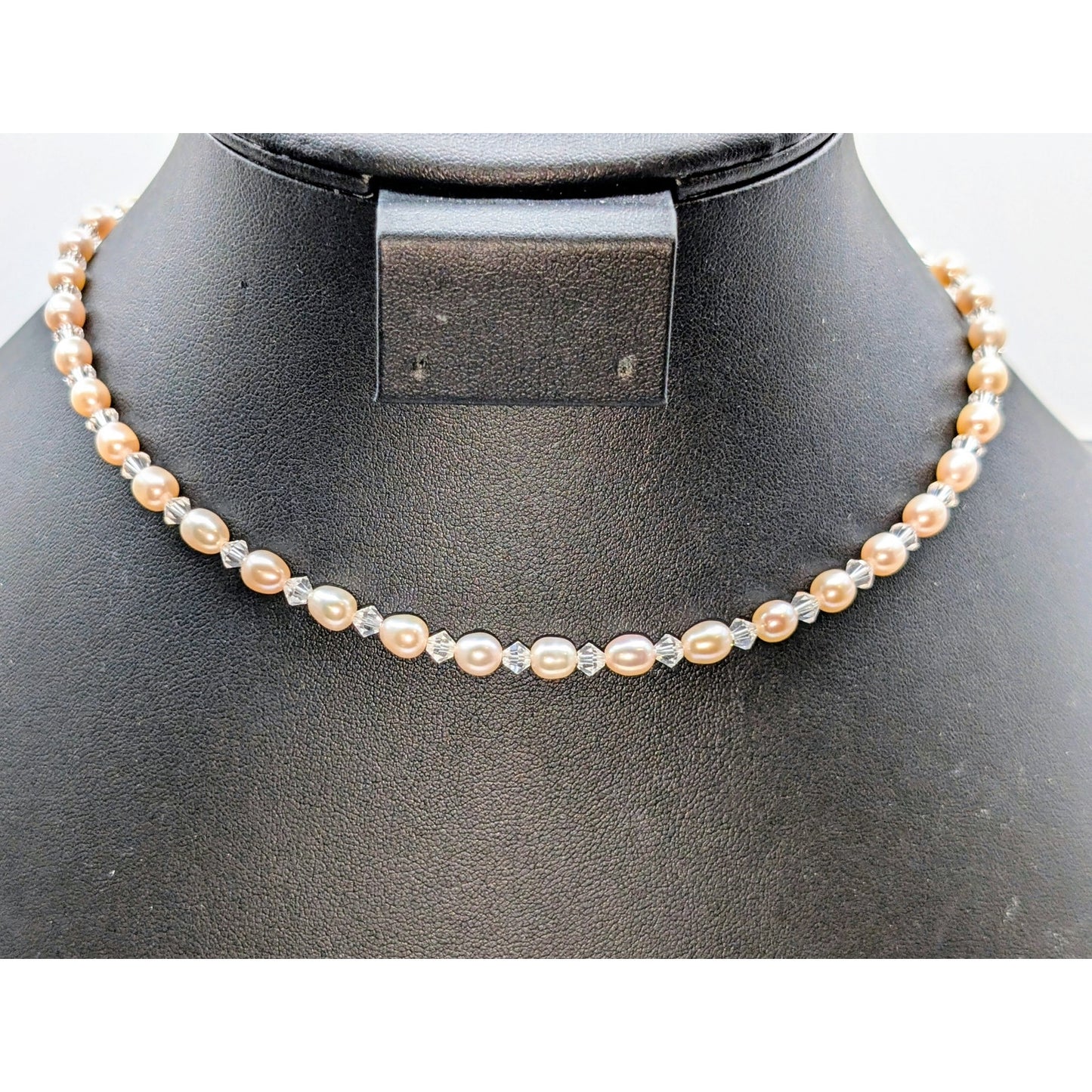 Pale Pink Freshwater Pearl Bicone Crystal Beaded 925 Sterling Silver Necklace
