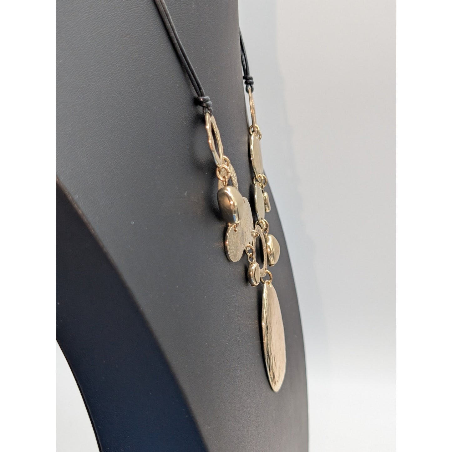 Chico's Gold Tone Hammered Metal Disk Dangles Corded 17"-21" Necklace