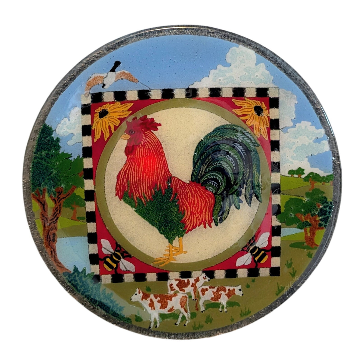 Vintage Peggy Karr Fused Glass Farm Scene Rooster Sunflower Bee Plate/Platter