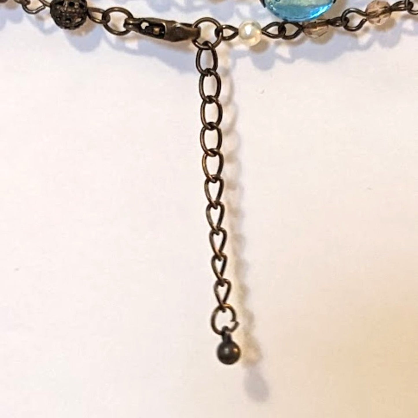 Boho Antiqued Bronze Glass Filigree Metal & Faux Pearl Bead Chain 42" Necklace
