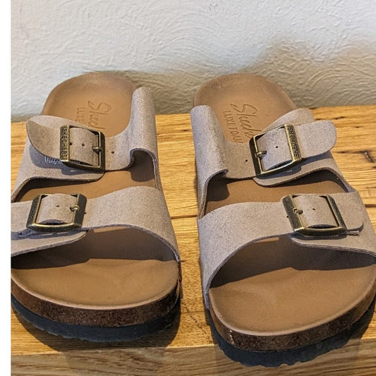 Skechers Relaxed Fit Taupe Luxe Foam Double Strap Buckle Sandal Womens Sz 10