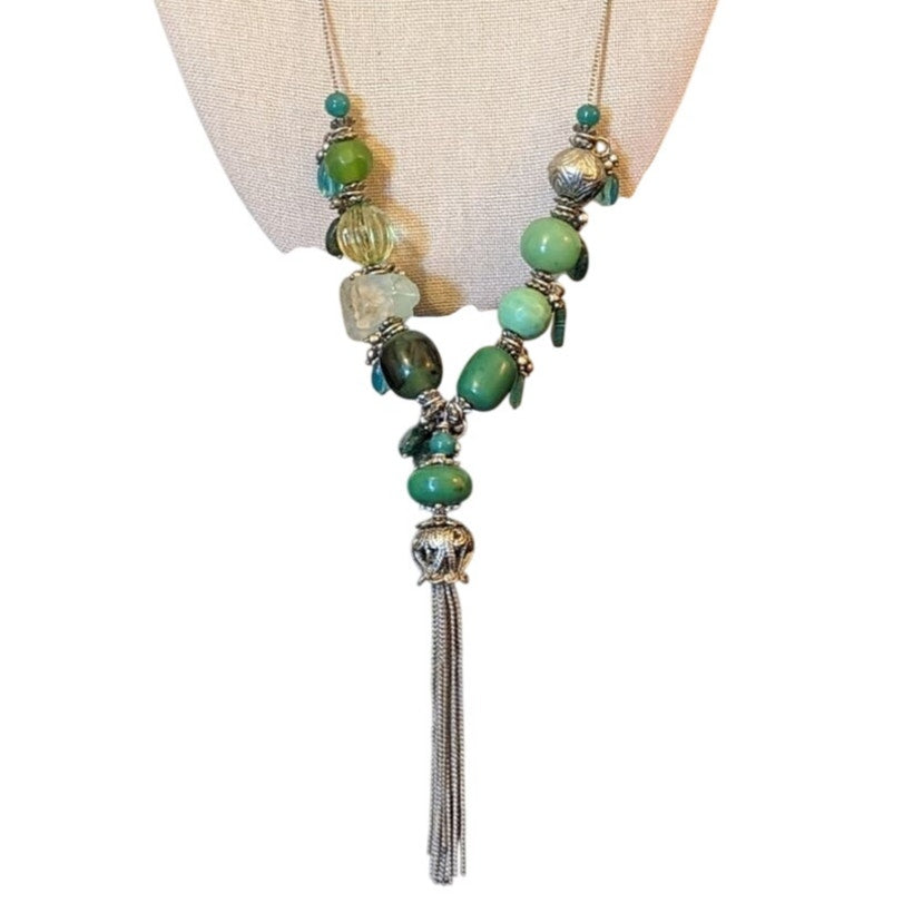 Green Multi-Shape and Color Beaded Silver Tone Tassel Necklace