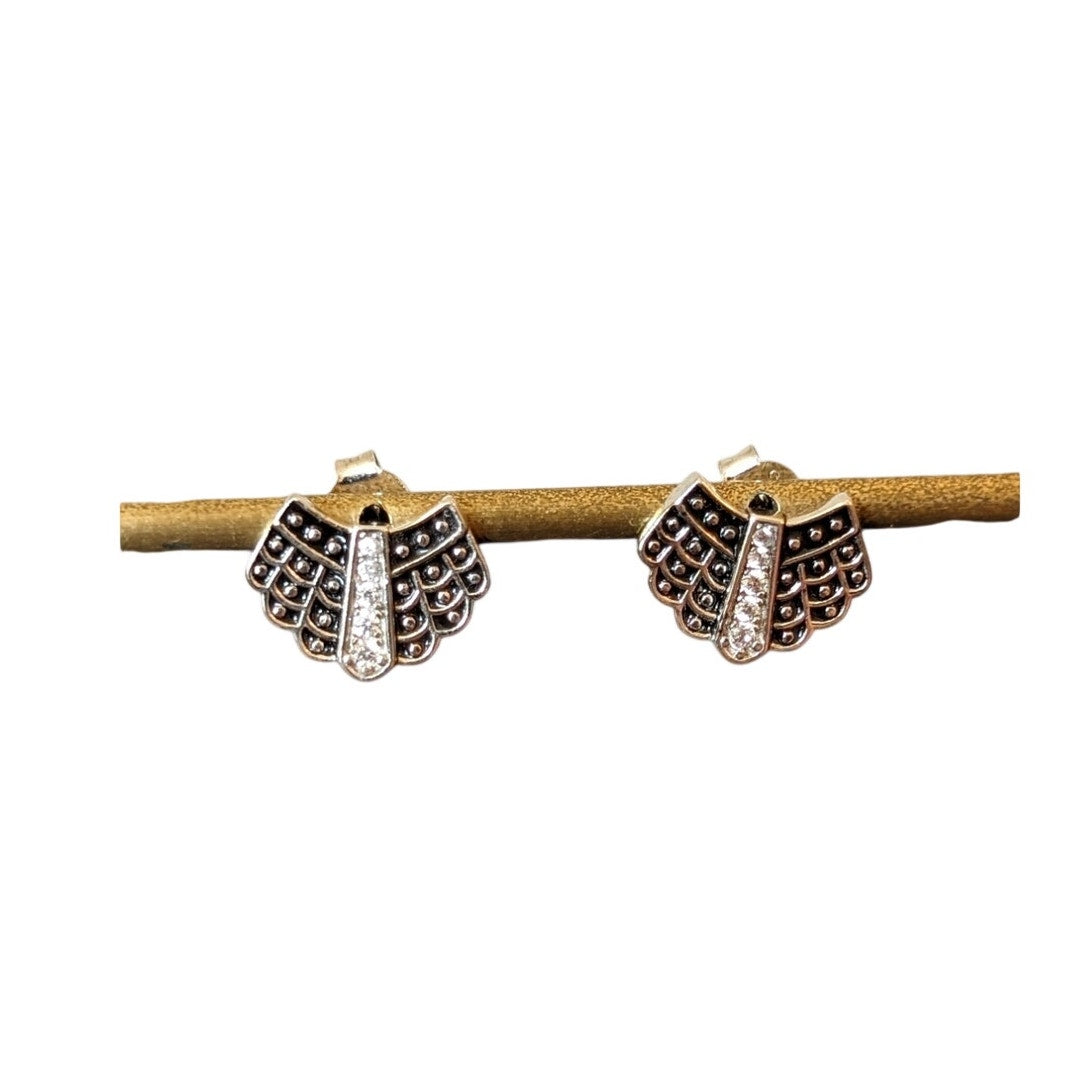 Marked 925 Sterling Silver CZ Black Enamel Fan Post Earrings