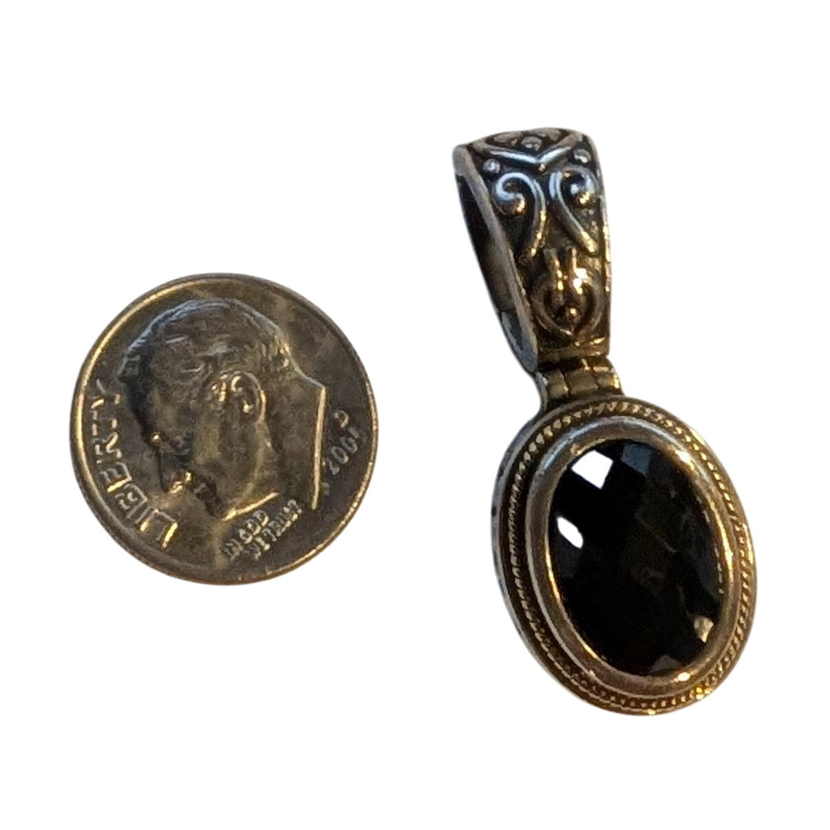 Vintage Faceted Black Onyx Sterling Silver 18K Gold Enhancer Pendant by Eleganza