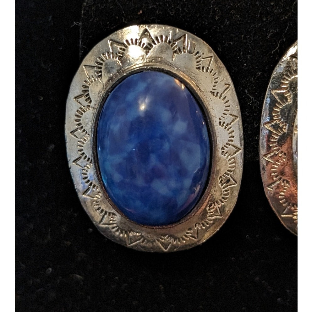 Vintage Costume Silver Tone Large Blue Cabochon Clip On Earrings