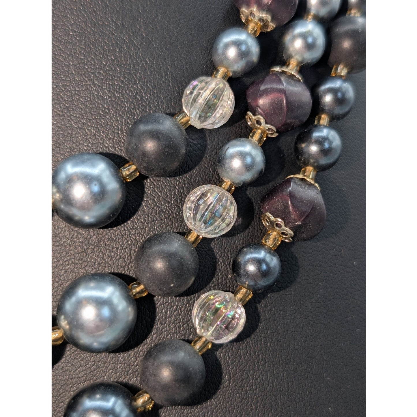 Vintage Triple Strand Gray W/ Purple Tint Austrian AB Crystal Bead Necklace