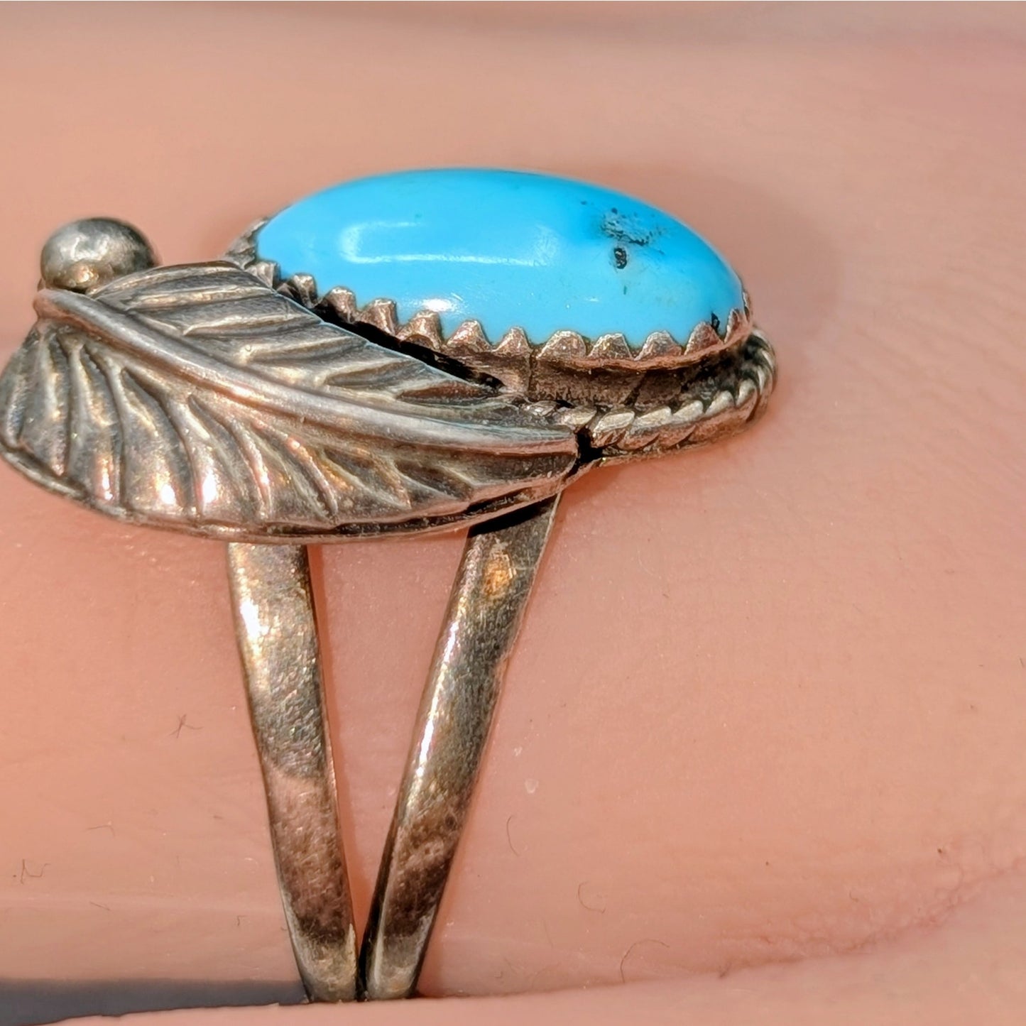 Vtg 925 Sterling Silver Southwestern Turquoise Feather Split Shank Ring Size 6.5