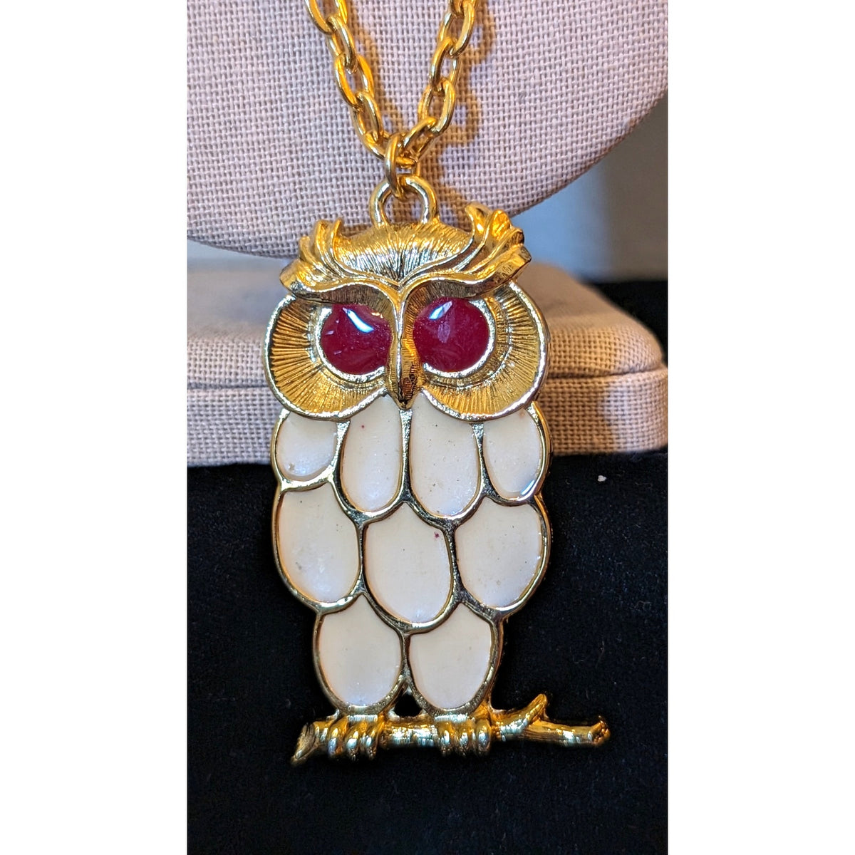 Sir R Cream Enamel Red Rhinestone Eyes Gold Tone Owl Pendant 24" Necklace