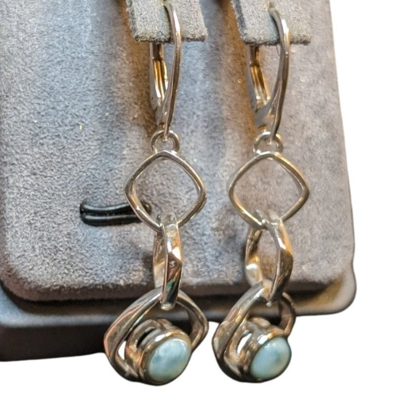 Vintage 925 Sterling Silver Loopy Dangle Lever Back Larimar Stone Earrings