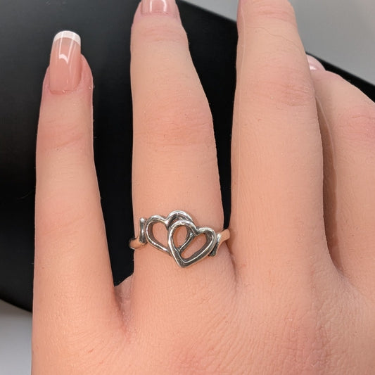 Vintage 925 Sterling Silver Two Hearts As One Ring Size 5.5