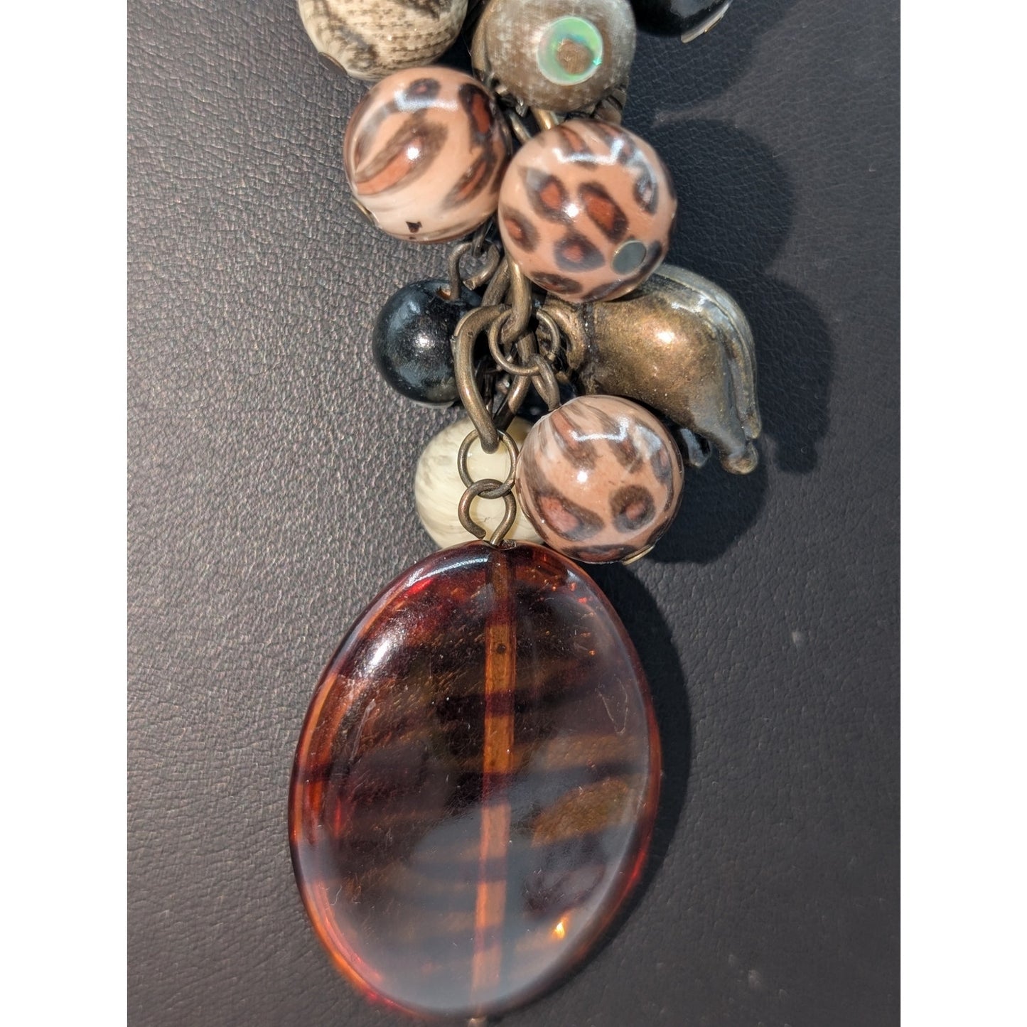 Antiqued Chain Animal Print Beaded Charm Cluster Drop 30" Necklace