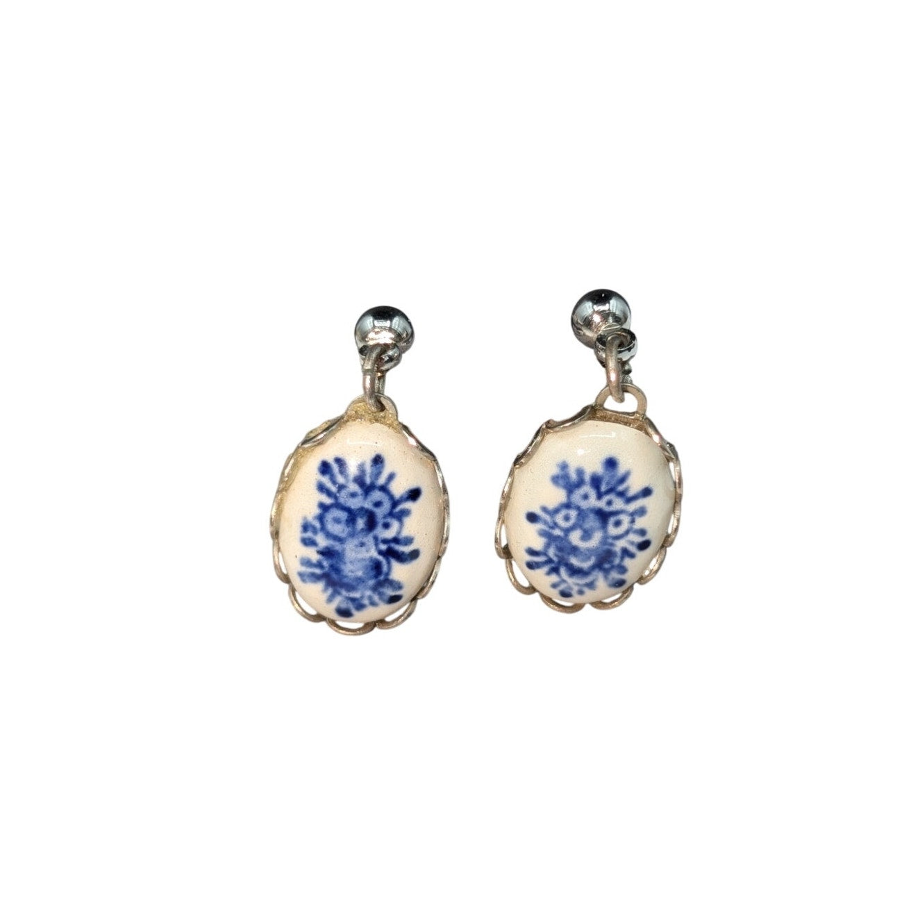 Vintage Delft Blue Floral Ceramic Dangle Silver Tone Earrings