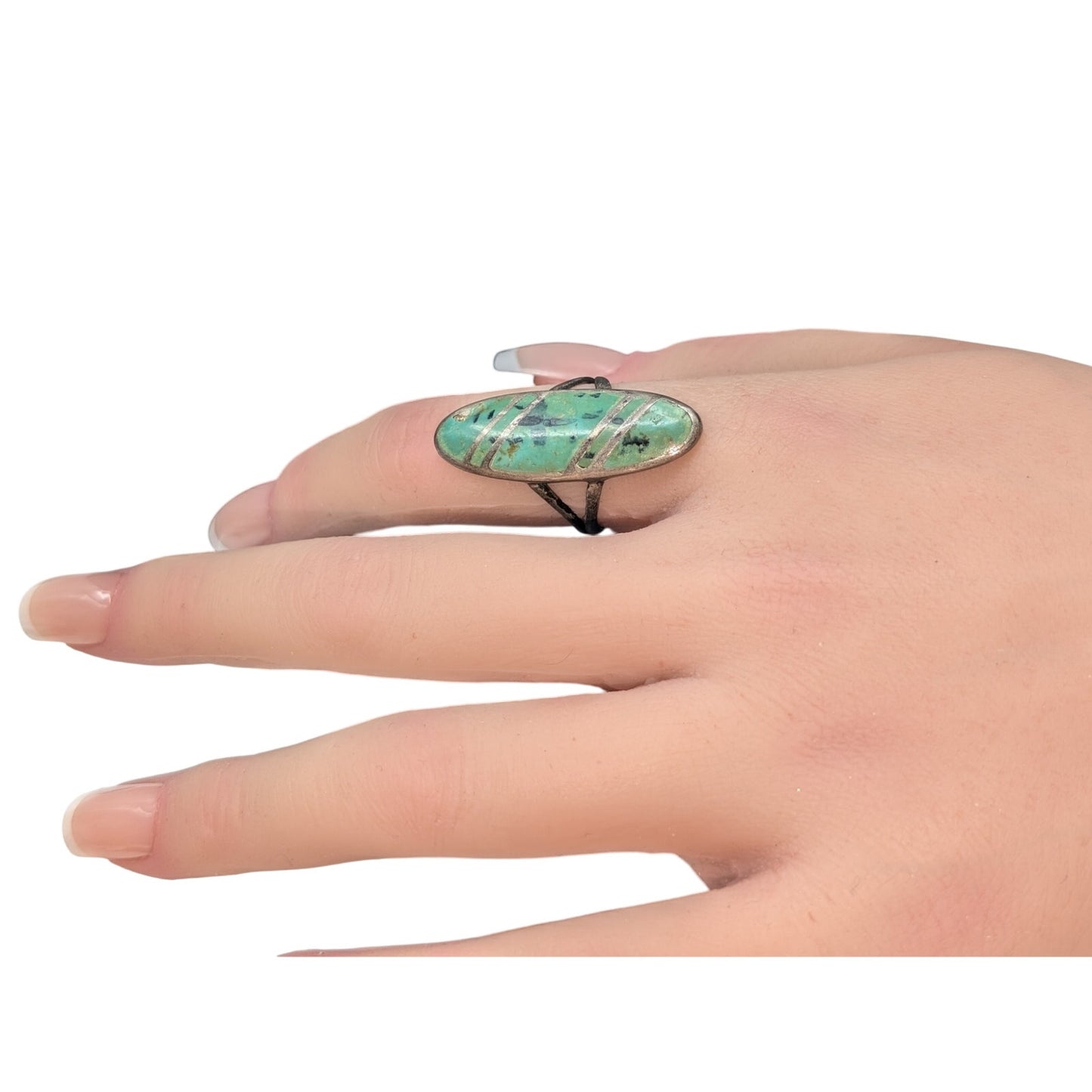 Vintage Sterling Silver Inlay Greenish Long Oval Chipped Stone Ring Size 5.5