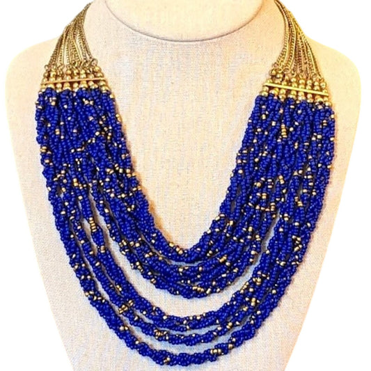 Multi-Strand Braided Blue and Gold Seed Bead Collar Necklace