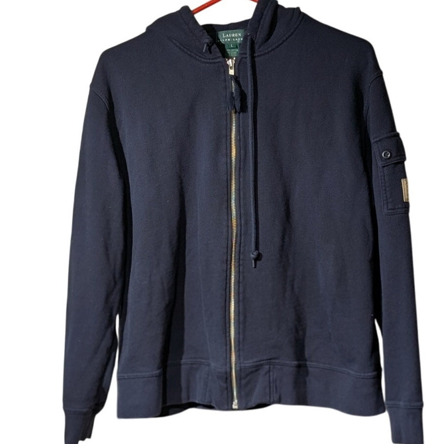 Vintage Lauren Ralph Lauren Navy Full Zip 100% Cotton Hoodie Women's Size L
