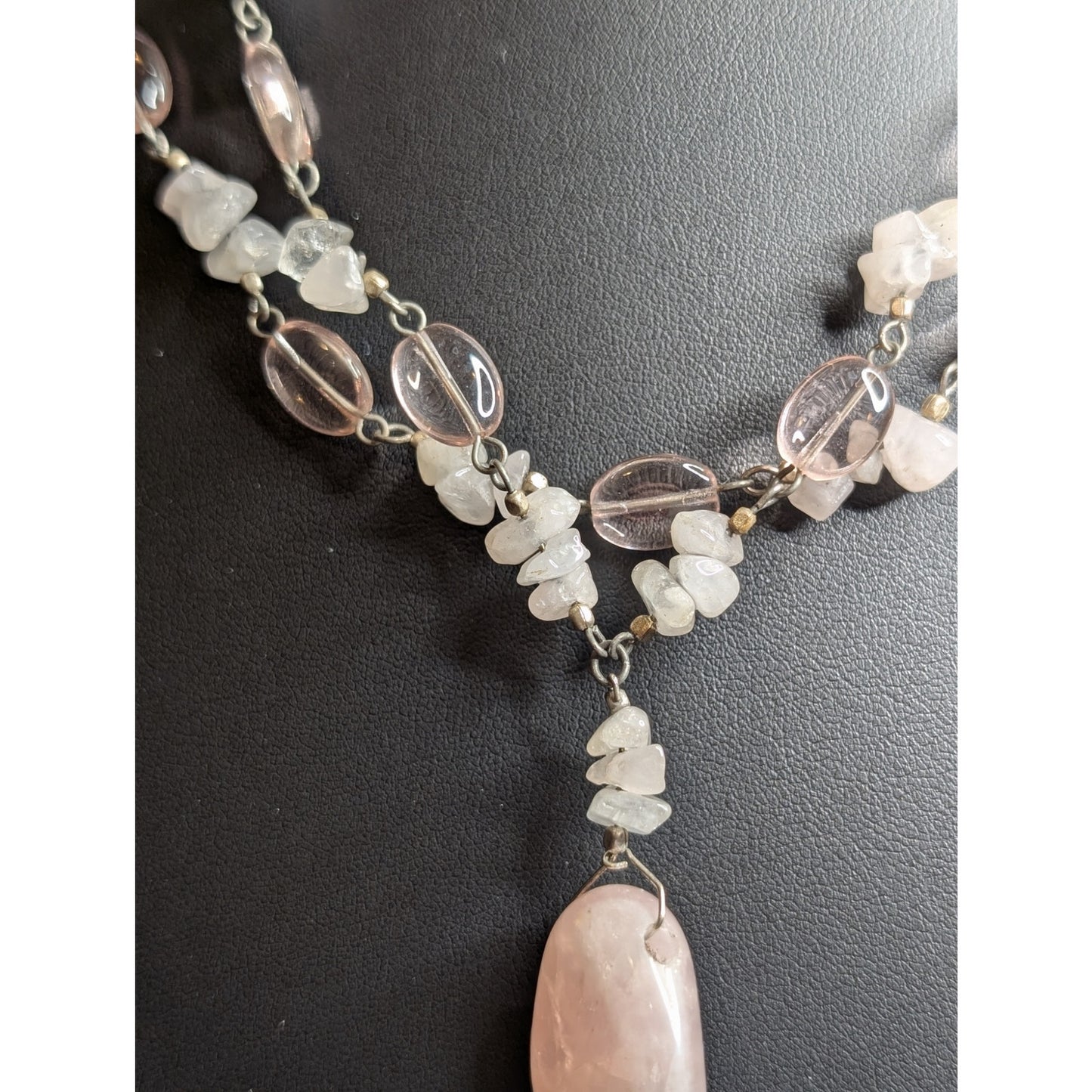 Robert Rose Pink Jadeite Quartz Chip Pink Glass Bead Double Strand Necklace