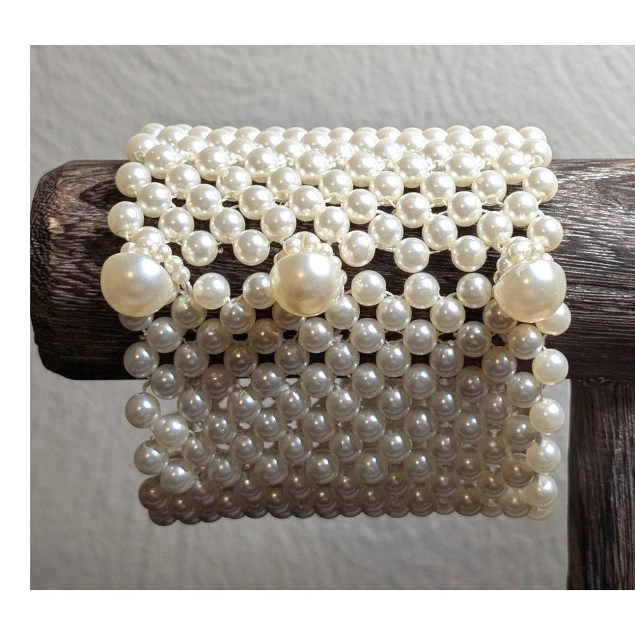 Lot of 2 Button Cuff Faux Pearl Bracelet & 3 Strand Rhinestone Stretch Bracelets