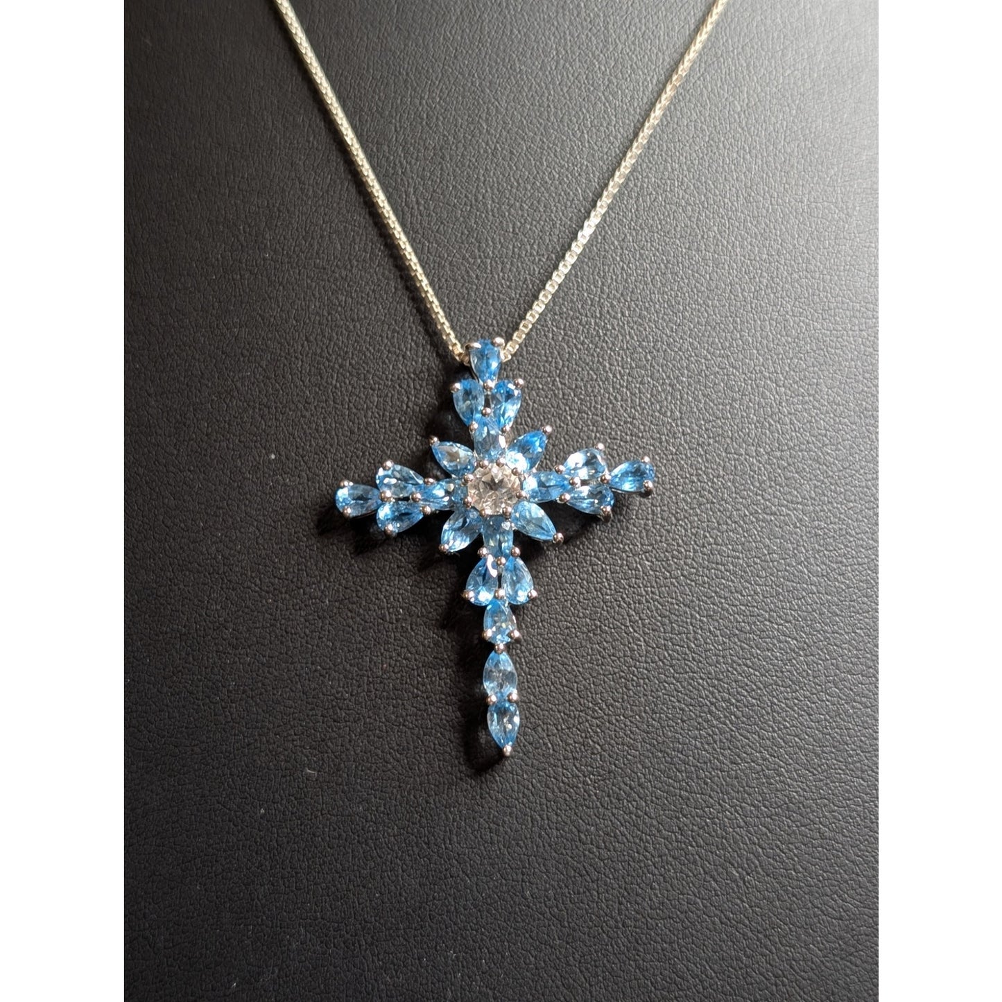 Swiss Blue Teardrop White Topaz Round Center Stone 925 Sterling Cross Necklace