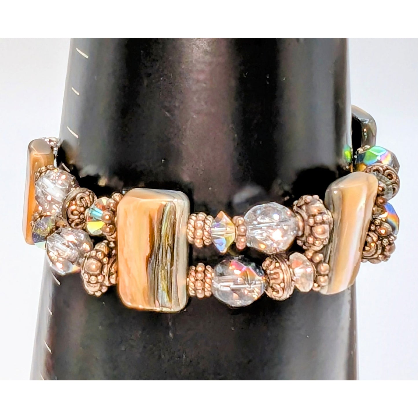 Signed Abalone Shell Chunks AB Crystal Sterling Beaded Toggle Clasp Bracelet