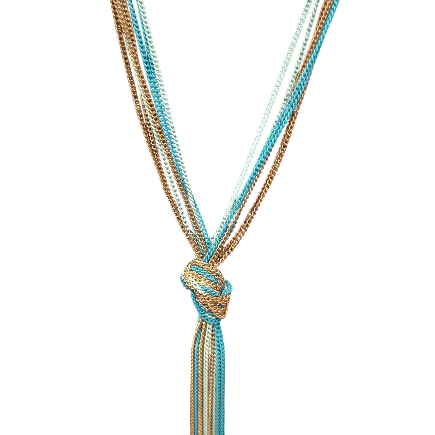 Multi-Blue & Gold Chain Knotted Tassel Long Necklace