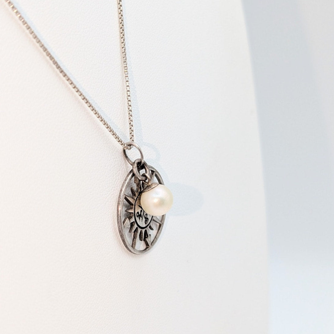 Vintage 925 Sterling Silver Compass Rose & Pearl Charms Box Chain 18.5" Necklace