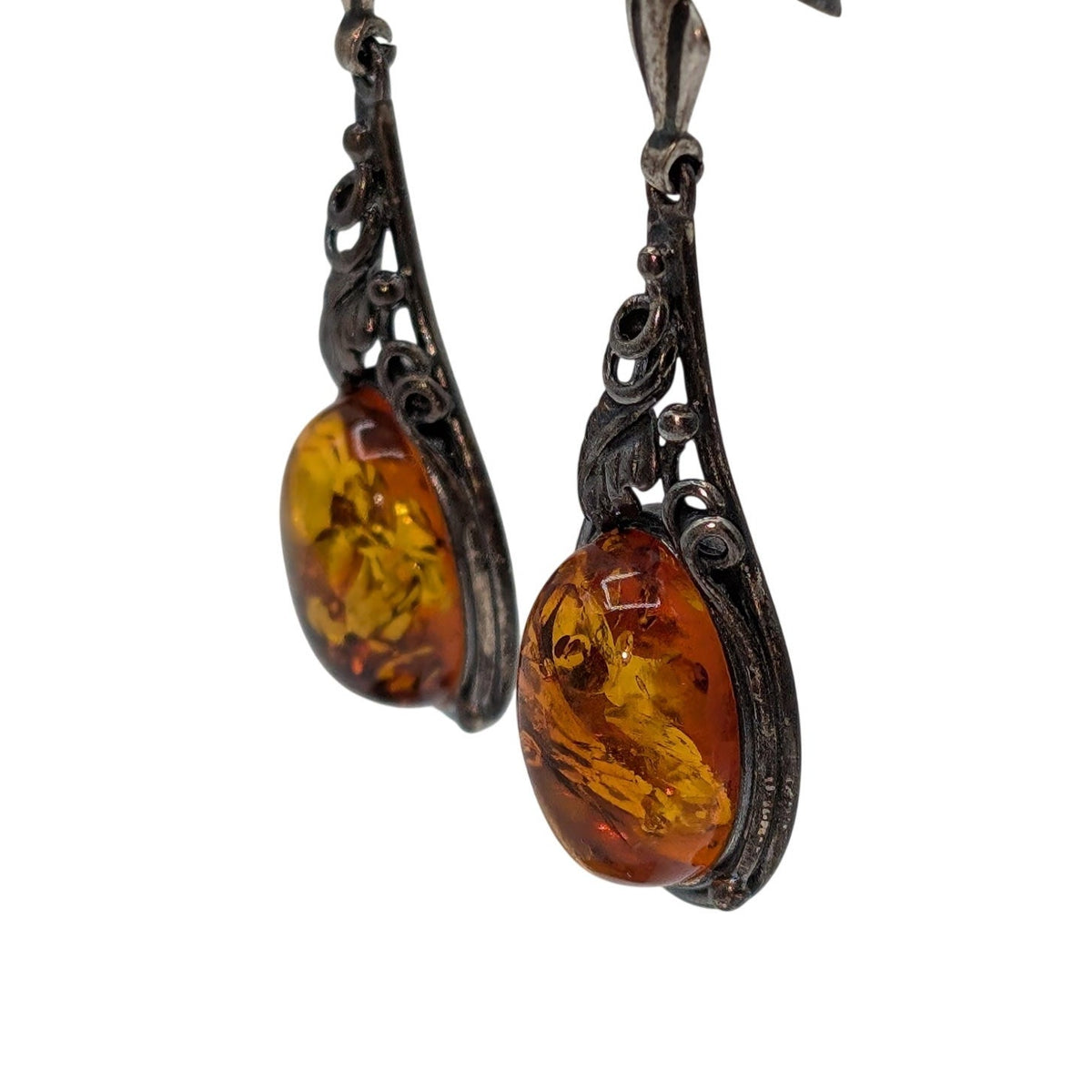 Vintage 925 Sterling Silver Leafy Vine Design Baltic Amber Dangle Drop Earrings