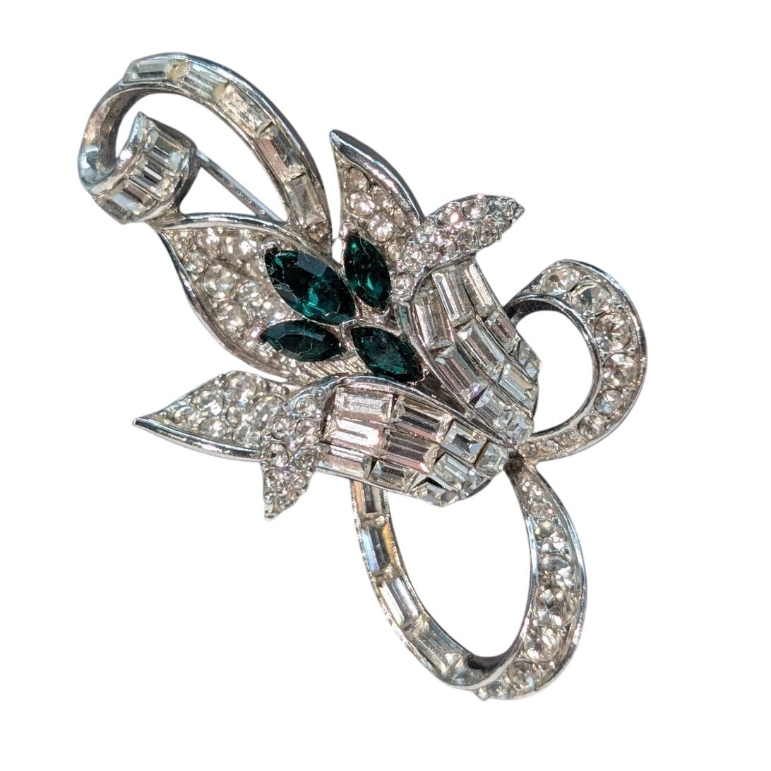 Vintage Signed Atwood & Sawyer A & S Green & Clear Rhinestone Silver Tone Brooch