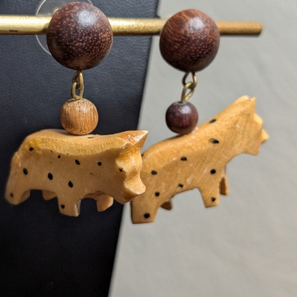 Vintage 1980s Wooden Carved Animal Tribal Necklace & Earring Set